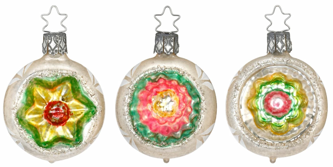 Inge Glass Floral Reflector 2" Ball Ornament Set With Vintage Patina Christmas 3 Inge Glass Floral Reflector 2" Ball Ornament Set With Vintage Patina Christmas