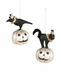 Bethany Lowe All Hallows Eve Crow & Cat On Pumpkin Ornaments New!