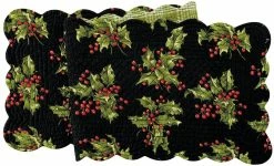 TheHolidayBarn.com April Cornell Quilted Holly Table Runner, Black