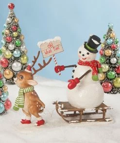 Bethany Lowe Oh What Fun! Reindeer Pulling Snowman On Sled New!