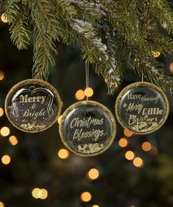 Bethany Lowe Black And Gold Christmas Greetings Dome Ornaments