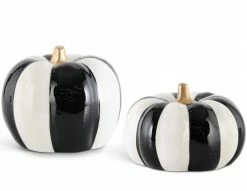 K&K Interiors Black & White Striped Pumpkins With Gold Stems New!