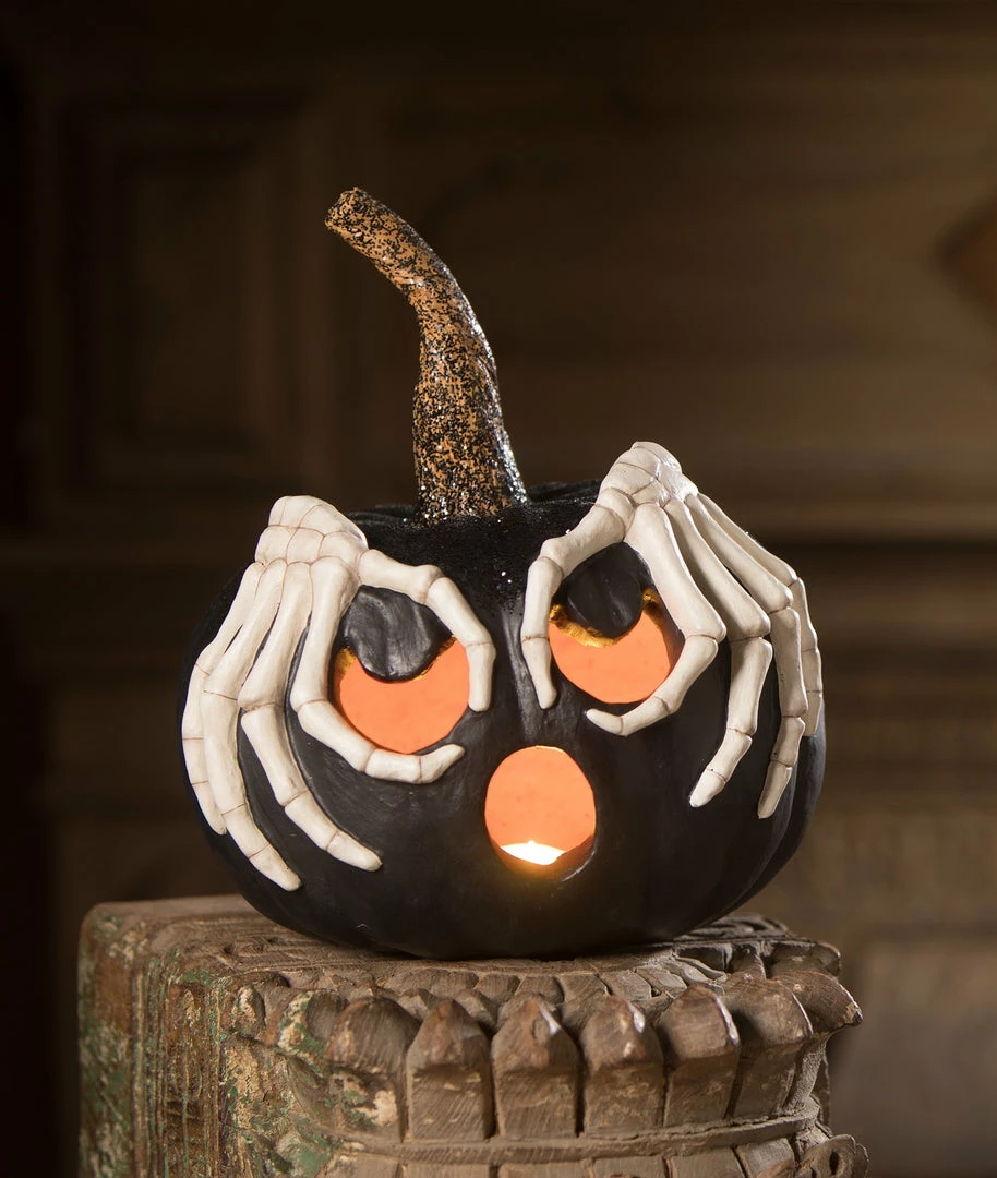 Bethany Lowe Jack O' Lantern With Skeleton Hands New! 3 Bethany Lowe Jack O' Lantern With Skeleton Hands New!