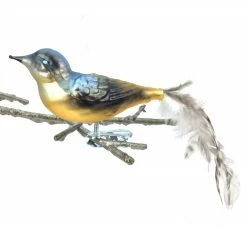 Old German Christmas Blue Gold Glass Bird Clip Ornament With Feathers