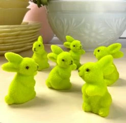 TheHolidayBarn.com Bright Green Flocked Bunny Rabbits, Small New!
