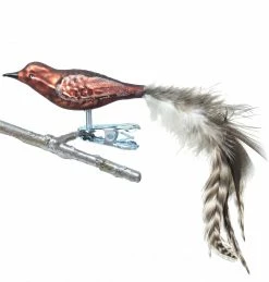 Old German Christmas Bronze Brown Bird German Glass Ornament Clip With Feathers