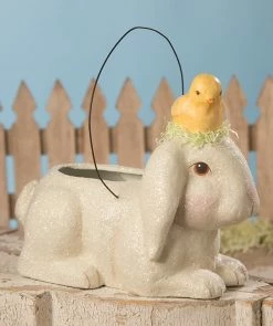 Bethany Lowe Bunny Bucket With Little Chick, Paper Mache