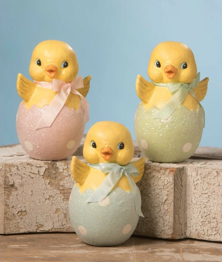 Bethany Lowe Easter Chicks In Polka Dot Eggs, Paper Mache 3 Bethany Lowe Easter Chicks In Polka Dot Eggs, Paper Mache