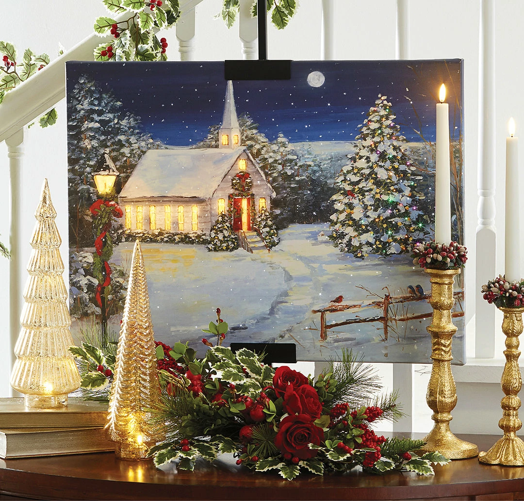 Raz New! Christmas Church Print With Lights 3 Raz New! Christmas Church Print With Lights