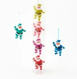 One Hundred 80 Degrees Colorful Retro Santa Ornaments, Flocked New!