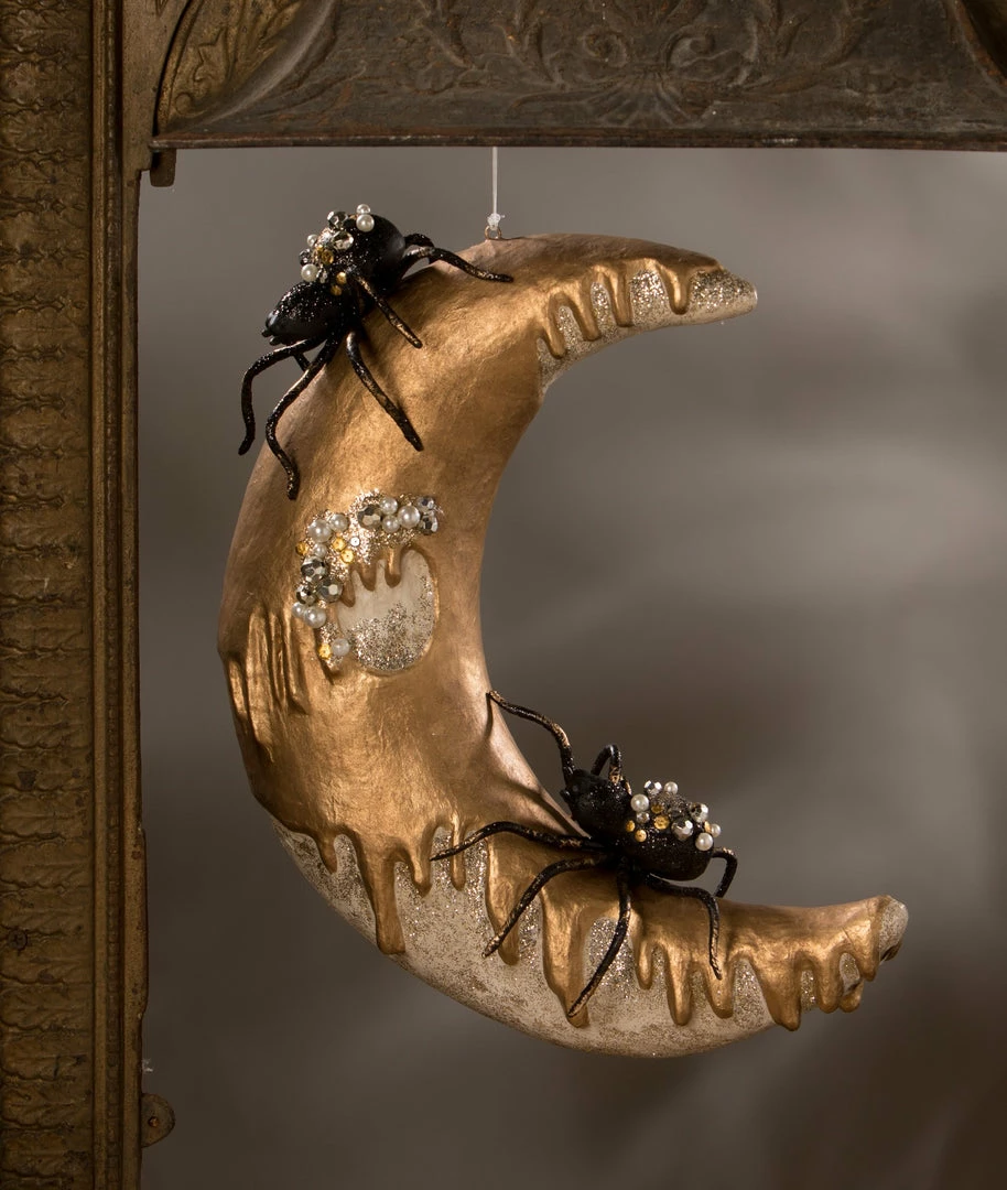 Bethany Lowe New! Dripping Gold Moon With Spiders, Paper Mache 3 Bethany Lowe New! Dripping Gold Moon With Spiders, Paper Mache