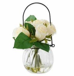 K&K Interiors Faux White Roses In Vase With Wire Hanger