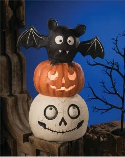 TheHolidayBarn.com Halloween Totem Pole With Skull, Pumpkin & Bat New!