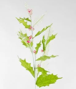 Katherine's Collection Iced Holly Spray, Lime Green Leaves And Pink Berries - Set Of 3