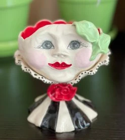 Teyros Lady Head Art Pottery Container, Mac Red New!