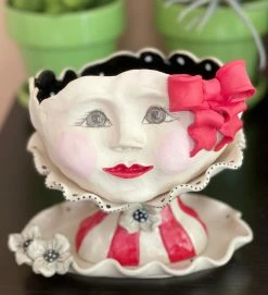 Teyros Lady Head Art Pottery Planter With Tray, Red Bow New!