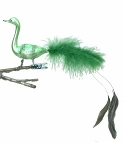 Old German Christmas Light Green Bird Clip Ornament With Fancy Tail Feathers