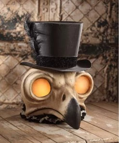 Bethany Lowe Large Owl Skull With Top Hat Container