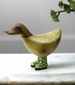 Dcuk New! Wooden Duck With Green Welly Boots, Small