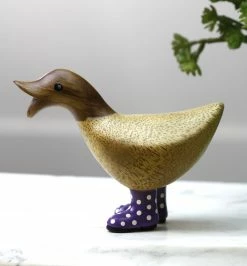 Dcuk New! Wooden Duck With Purple Welly Boots, Small