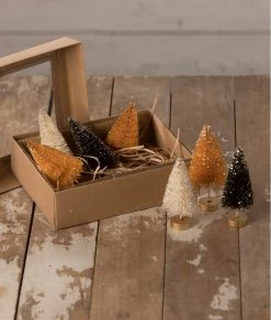 Bethany Lowe New! Mini Halloween Bottle Brush Trees With Gold Glitter