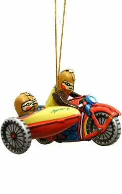 TheHolidayBarn.com Motorcycle With Sidecar Tin Toy Reproduction Ornament Christmas