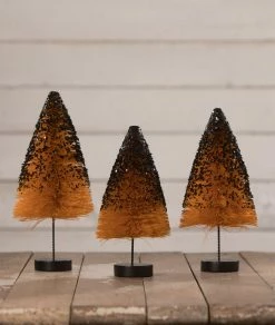 Bethany Lowe Orange Bottle Brush Trees With Black Glitter