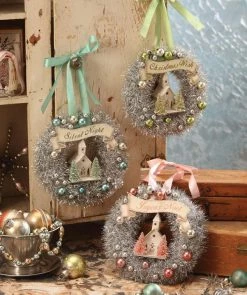 Bethany Lowe Pastel Tinsel Wreaths With Church