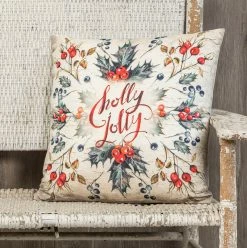 Ragon House New! Watercolor Holly Pillow, Slate Blue, Red & Ivory