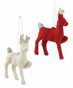 Bethany Lowe Red & White Flocked Reindeer Ornaments