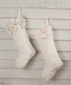 Bethany Lowe Winter White Poinsettia Fur Stockings, Set Of 2