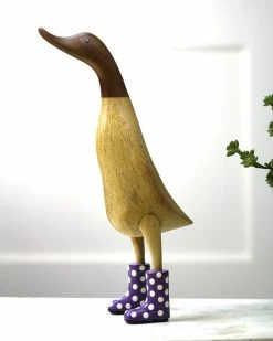 Dcuk New! Wooden Duck With Purple Welly Boots, Large