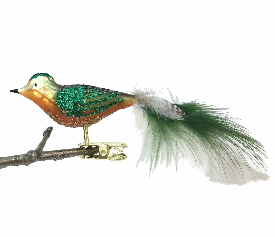 Old German Christmas Orange & Green Glitter Bird Clip With Feathers 3 Old German Christmas Orange & Green Glitter Bird Clip With Feathers